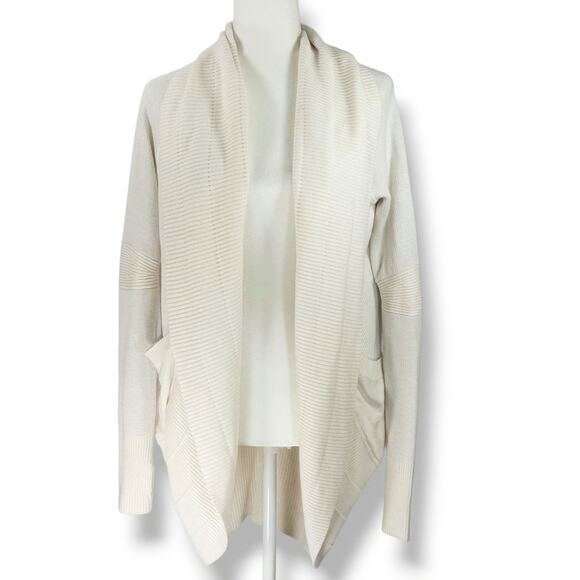 Lululemon Open Front Cardigan Shawl Collar Drawcord Back Pockets Ivory 8 EUC - Picture 3 of 8